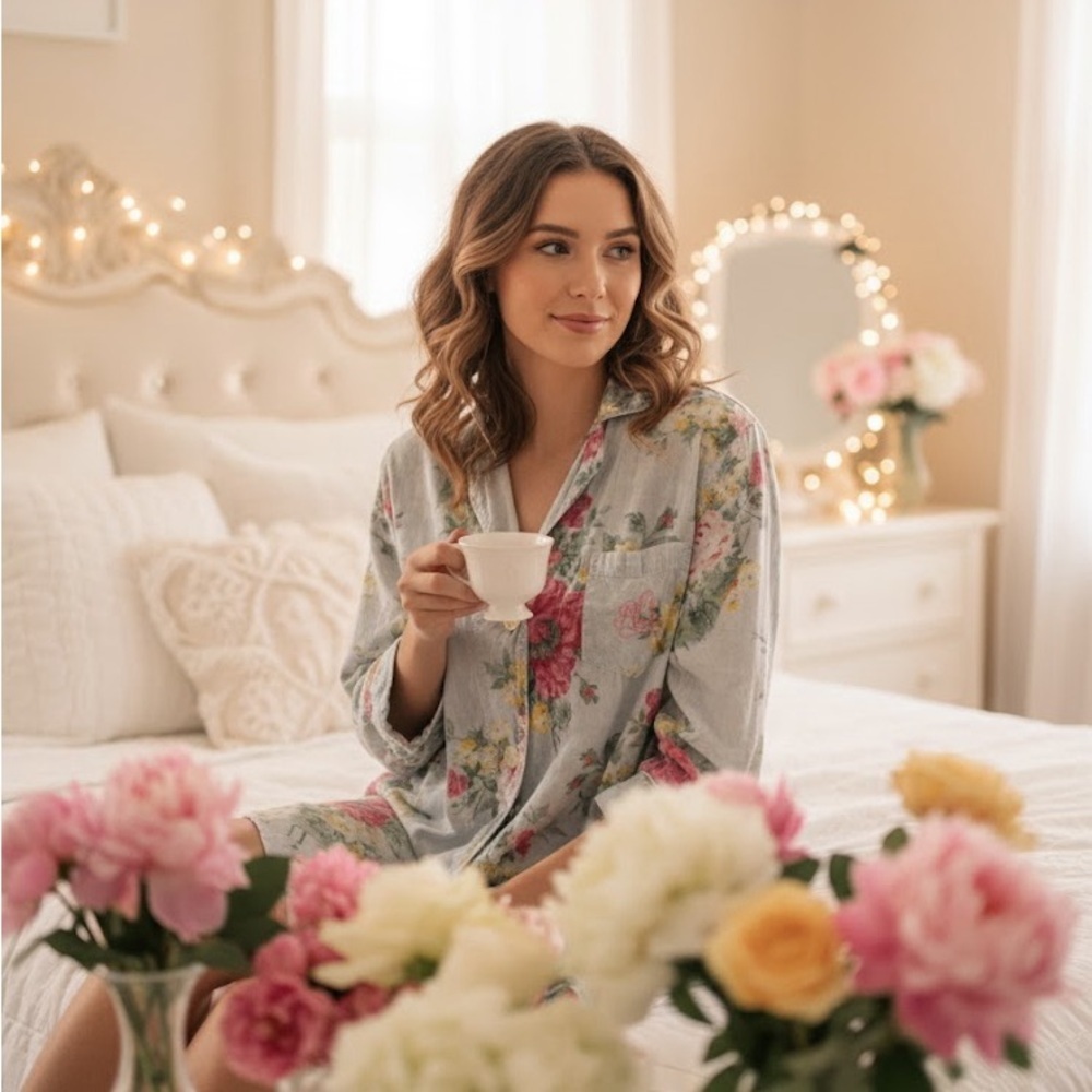 Lauren Ralph Lauren Floral Embroidered Soft Cotton Rayon Button-Up Nightshirt